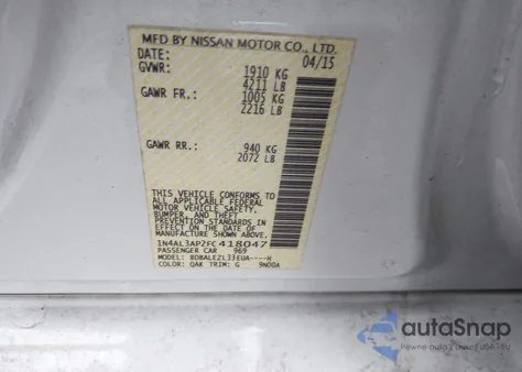 2015 Nissan Altima 2.5 S z USA, uszkodzony, nr VIN 1N4AL3AP2FC418047